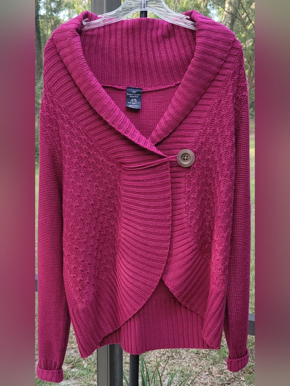 Faded Glory XL 16-18 Magenta Button Shawl Collar Knit Sweater Cardigan Acrylic